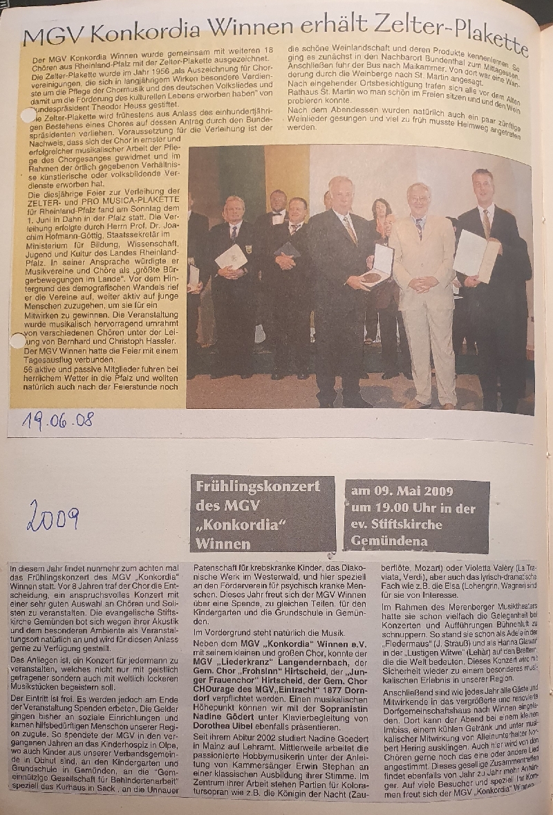 2008 - MGV erh&auml;lt Zelter-Plakette - Zeitungsbericht